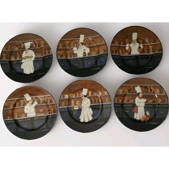 Guy Buffet Williams Sonoma Le Chefs in the Kitchen Salad Plate Set of 6 - Picture 1 of 11
